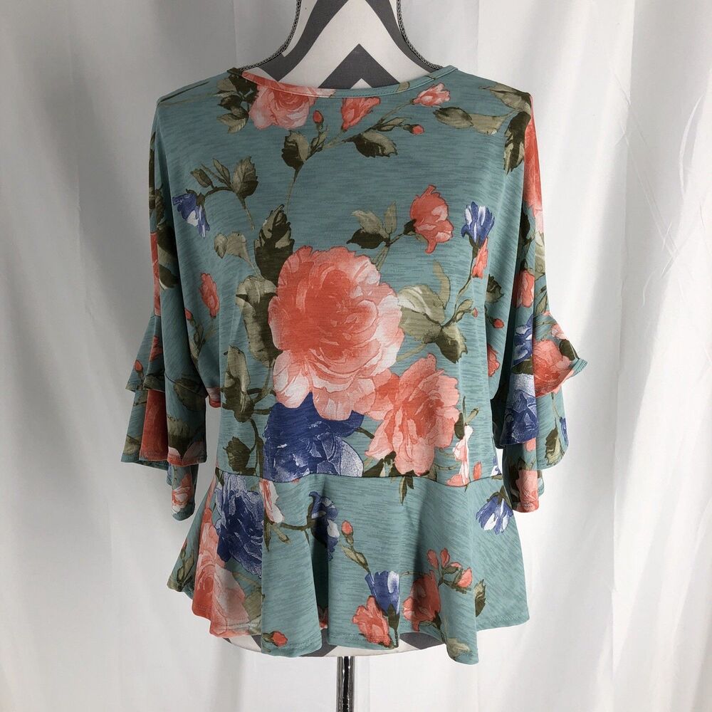 Chris & Carol Women's Blue Ruffle Sleeve And Hem Top Size Large
